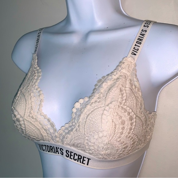 Victorias Secret Crème Colored Lace Logo Bralette - Picture 2 of 5